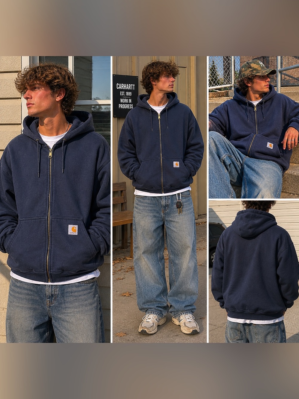 Vintage Y2K Carhartt Navy Zip Hoodie Distressed Workwear 2XL Tall fit